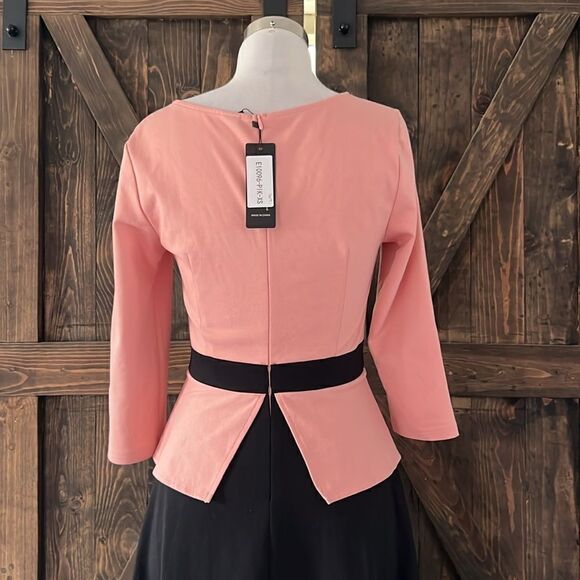 VFSHOW Zipper Front Color Block Peplum Flared Midi Dress for Work Business - Picture 9 of 14